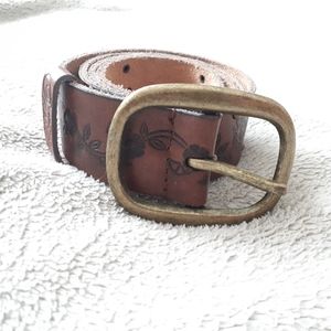 Brown Leather Belt with Black Floral Embossing Design